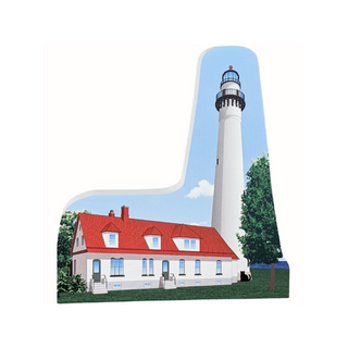 3/4" thick wooden replica with an Illustration of a lighthouse design on a white background