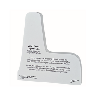 back of product with text about Wind Point Lighthouse on a white background