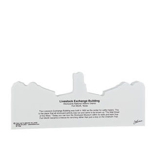 3/4" thick wooden cutout of a building with text about the Livestock Exchange Building in Fort Worth, Texas.