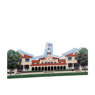 3/4" thick wooden cutout of a building with a clock tower and trees on a white background