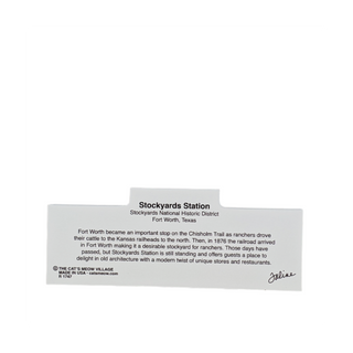 3/4" thick wooden cutout  with text about Stockyards Station in Fort Worth, Texas on a white background