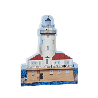 3/4" thick wooden model of a lighthouse with a blue sky background