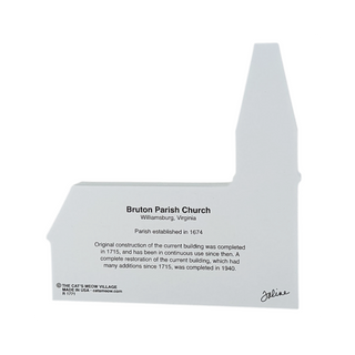 3/4" thick wooden replica of  Bruton Parish Church with text about Williamsburg