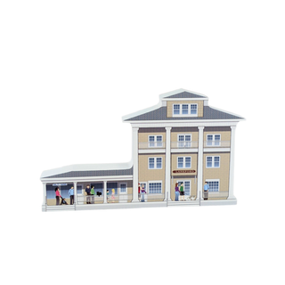 3/4" wooden replica with an illustration of a two-story building with people on the street