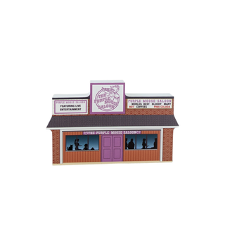 3/4" wooden replica with an illustration of a saloon named 'The Purple Moose Saloon' with a purple door and sign.