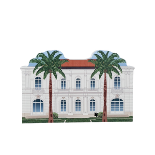 3/4" thick wooden Illustration of a white building with palm trees on a white background
