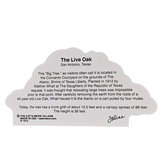 back of product with description of the product in black text on a white background about the live oak in san antonio, texas 