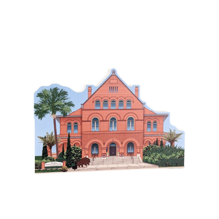 3/4" thick wooden illustration of a Red brick building with a palm tree