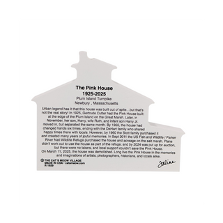 3/4" thick wooden replica of the Pink House on Plum Island, Newbury, MA on white background model with text about the Pink House in Newbury, Massachusetts
