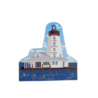 3/4" thick wooden replica with an Illustration of a lighthouse design on a white background