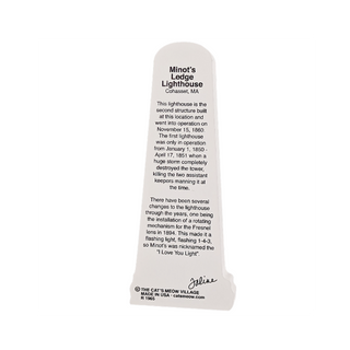 back of product with text about Minot's Ledge Lighthouse on a white background