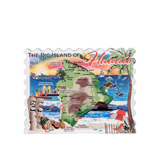 3/4" thick wooden Map of The Big Island of Hawaii with scenic illustrations on a white background