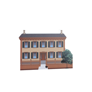 3/4" thick wooden Illustration of a two-story house with a tree in front on a white background