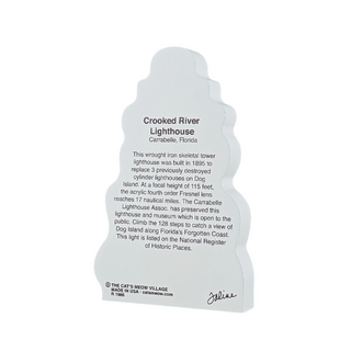 back of product with text about Crooked River Lighthouse with text and a wavy border.