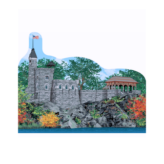 3/4" thick wooden cutout  of a stone castle with a flag, surrounded by trees and foliage.