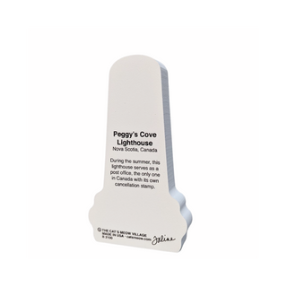 3/4" thick wooden cutout with text about Peggy's Cove Lighthouse on a white background