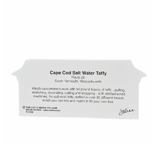 Back of Cape Cod Salt Water Taffy wooden souvenir replica with text story on a white background