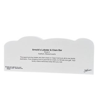 Back of wooden replica with text about Arnold's Lobster & Clam Bar on a white background