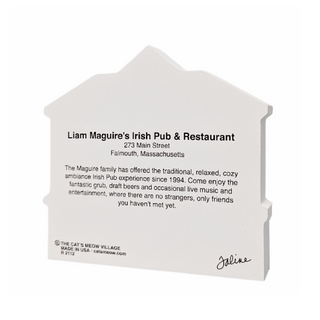 the back of a wooden replica with black text about Liam Maguire's Irish Pub & Restaurant on a white background