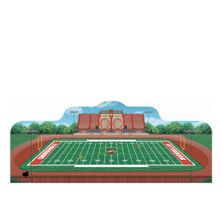 3/4" thick wooden cutout  of a football field with stadium seating and scoreboard.