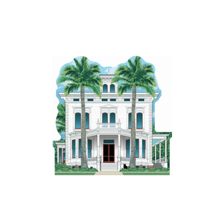 3/4" thick wooden Illustration of a white mansion with palm trees on a white background