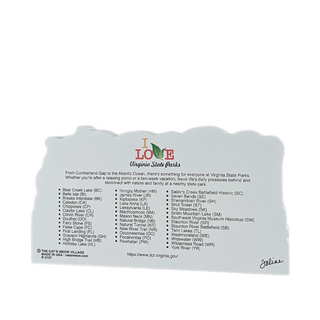 3/4" thick wooden cutout with 'I Love Virginia State Parks' text and list of parks on a white background