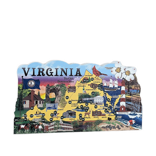 3/4" thick wooden cutout of a Map of Virginia with various landmarks and attractions on a white background