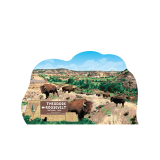 3/4" thick wooden cutout  of Theodore Roosevelt National Park with bison and a sign.