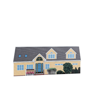 3/4" thick wooden Illustration of a two-story house with a gray roof and beige walls.