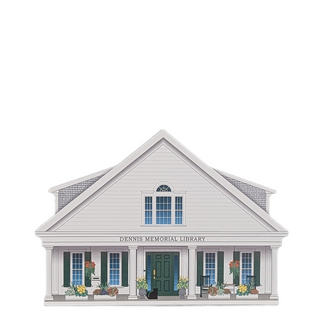 3/4" thick wooden Illustration of Dennis Memorial Library with a white facade and green door.
