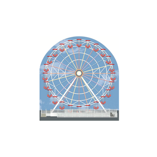 3/4" thick wooden Ferris wheel with red gondolas against a blue sky