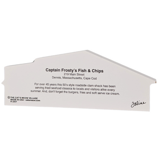 3/4" thick wooden keepsake with text about Captain Frosty's Fish & Chips on a white background