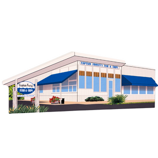 Illustration on 3/4" thick wood of a building with blue awnings and 'Captain Frosty's Fish & Chips' sign.
