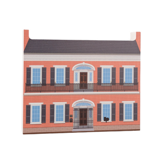 3/4" thick wooden illustration of a two-story brick building with balconies and windows on a white background