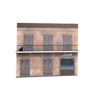 3/4" thick wooden illustration of a two-story building with balconies and a sign on a white background