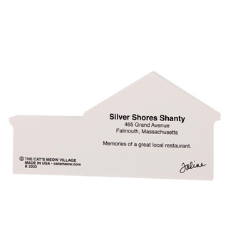 3/4" thick wooden House-shape with text about Silver Shores Shanty on a white background