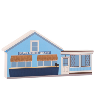3/4" thick wooden Model of a blue building with 'Silver Shores Shanty' sign on a white background
