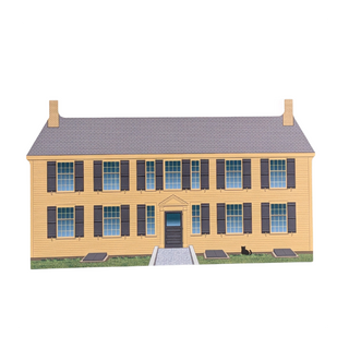 3/4" thick wooden cutout  of a two-story house with yellow siding and black shutters on a white background