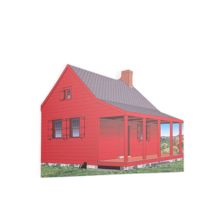 3/4" thick wooden cutout of a Red house with a gray roof on a white background