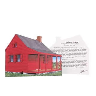 3/4" thick wooden cutout  of a Red house with a white background and text about the Neilson House.