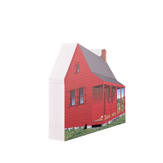 3/4" thick wooden cutout  of aRed house with a gray roof on a white background