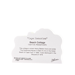 back of product for 'Cape Memories' Beach Cottage with black text about Henry Beston and the cottage's history.