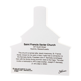 back of product with black text about Saint Francis Xavier Church in Hyannis, Massachusetts