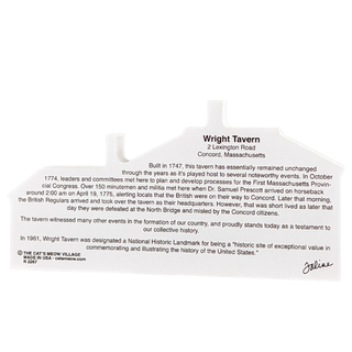 Back of a 3/4" thick wooden building with Wright Tavern information printed on it.
