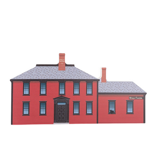 3/4" thick wooden Red building with black door and windows on a white background