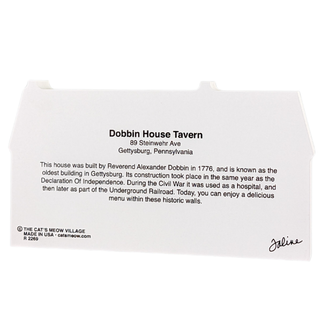 back of wooden replica product with text about Dobbin House Tavern on a white background