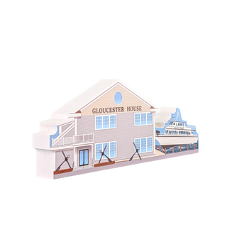 3/4" thick wooden illustration of a restaurant and a boat on a white background