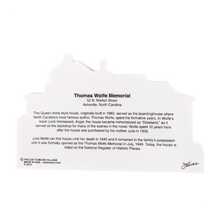 3/4" thick wooden cutout with black text about Thomas Wolfe Memorial in Asheville, North Carolina.
