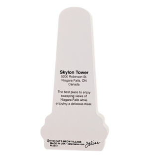 3/4" thick wooden cutout with text about Skylon Tower on a white background