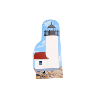 3/4" thick wooden model of a lighthouse with a blue sky on a white background